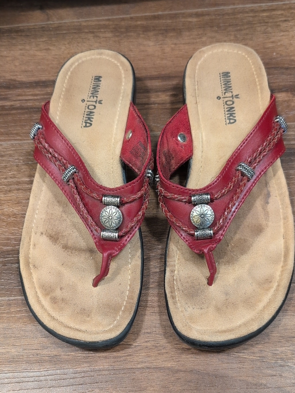 Minnetonka Red Braided Leather Thong Sandals with Silver Beads